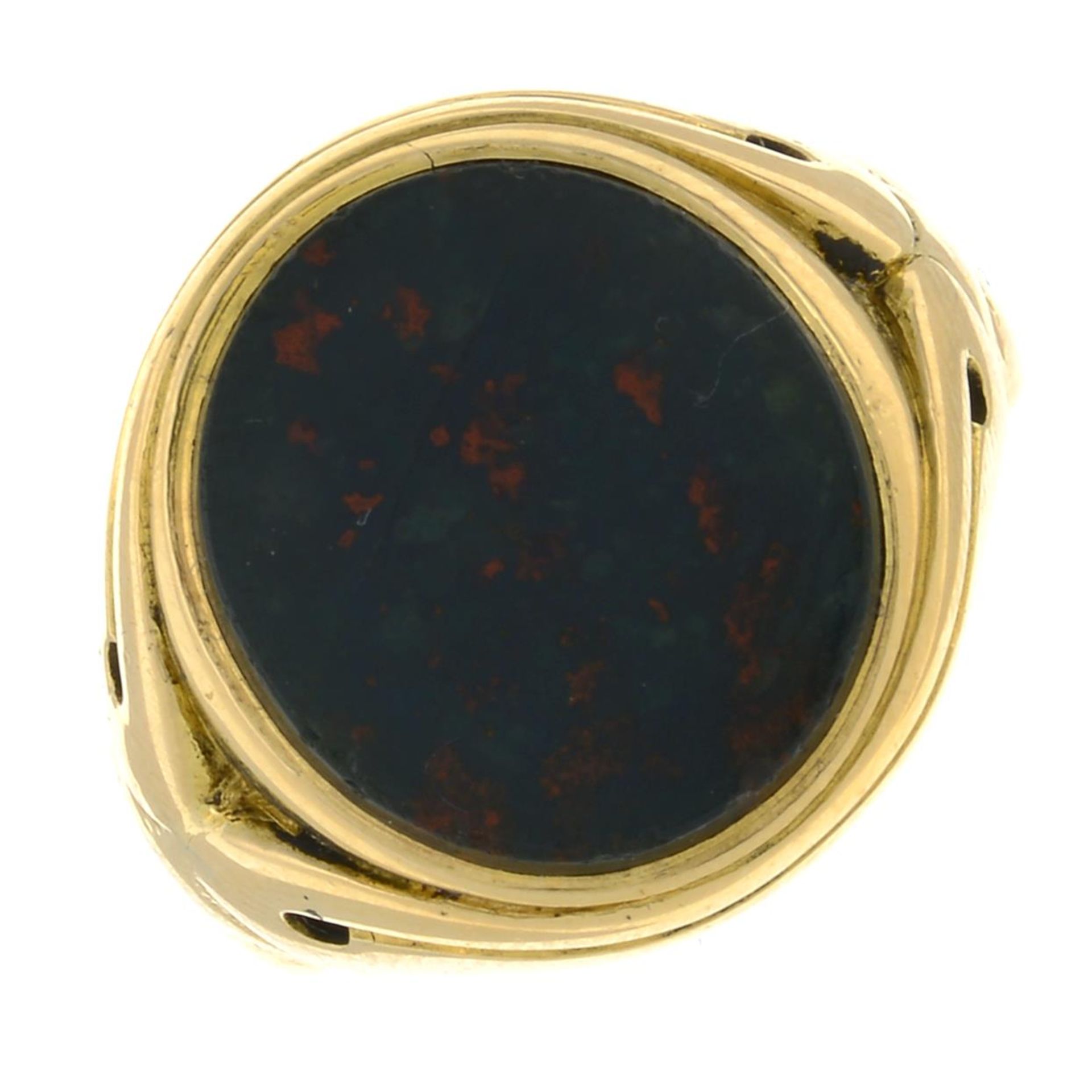 A late Victorian 18ct gold bloodstone signet ring.Hallmarks indistinct.