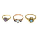 9ct gold aquamarine and sapphire three-stone ring,