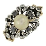 A pearl and diamond dress ring.Ring size O.