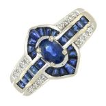 A sapphire and diamond dress ring.Estimated total diamond weight 0.10ct.