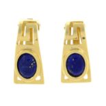 A pair of lapis lazuli cabochon earrings.Stamped 585.