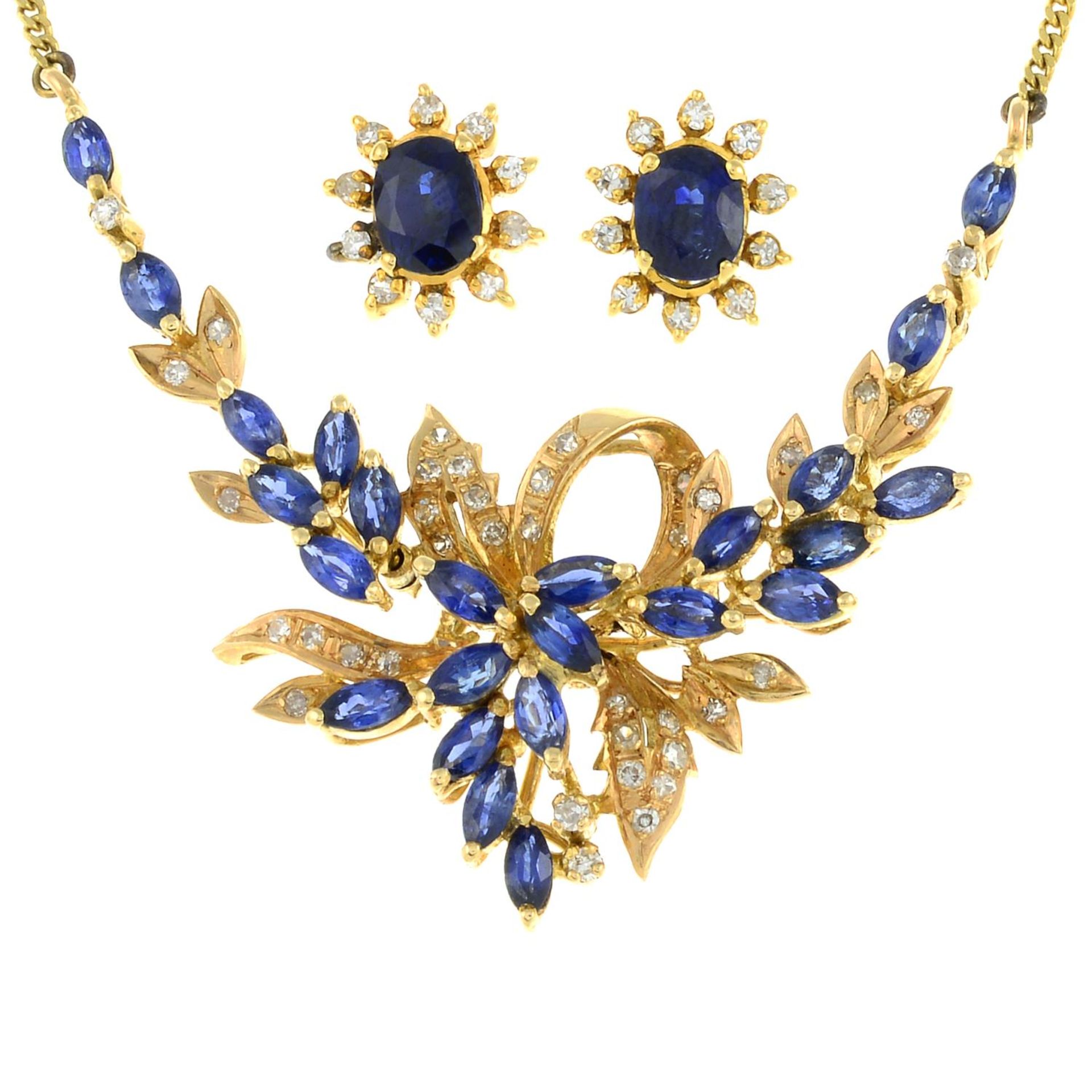 A sapphire and diamond foliate necklace,