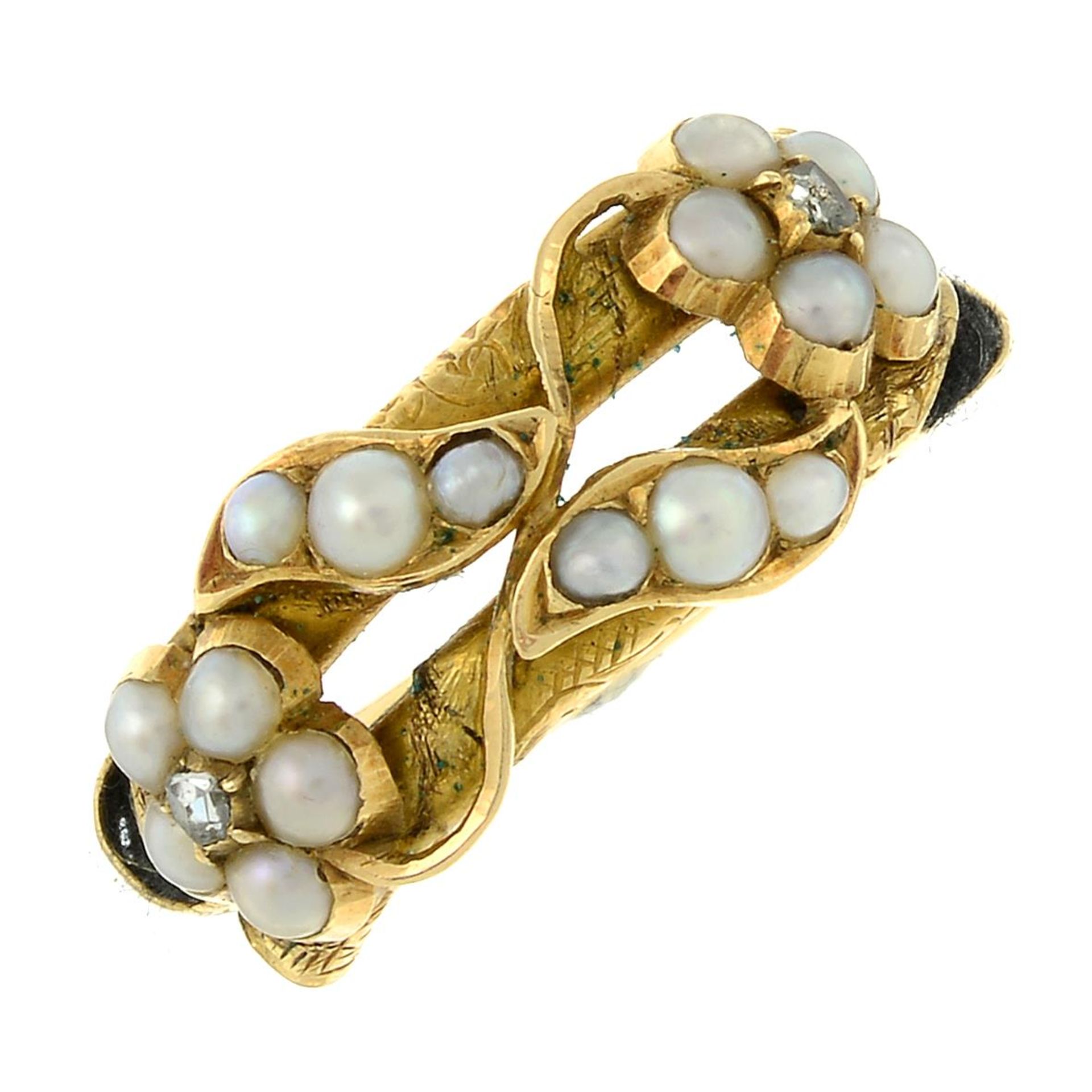 A late 19th century split pearl and diamond memorial ring.Band with hairwork accent.