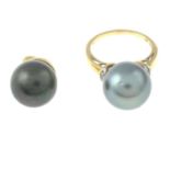 9ct gold cultured pearl and diamond ring,