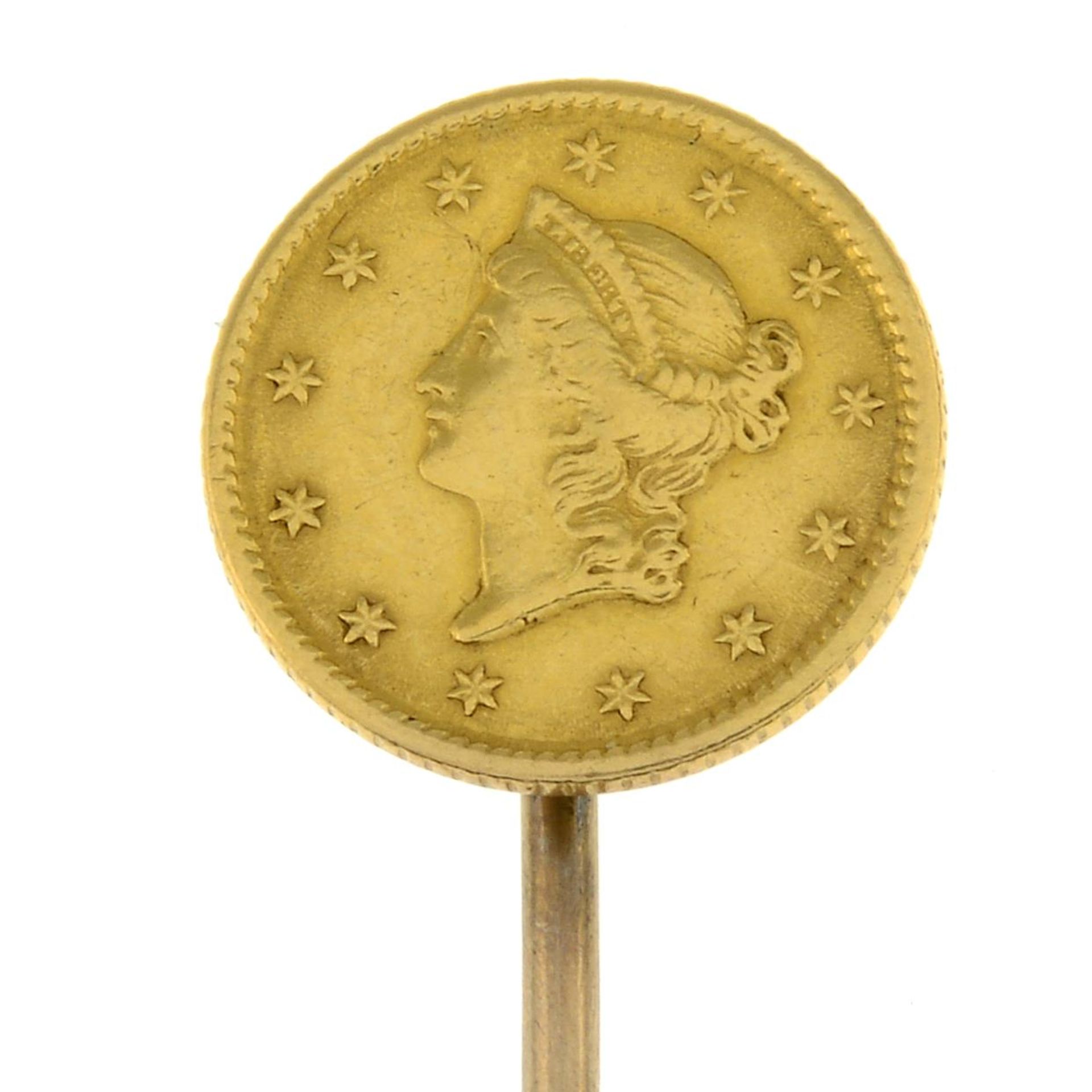 An American 1853 coin stickpin.Coin diameter 1.3cms.