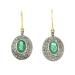 A pair of emerald and diamond earrings.Length 3.7cms.