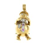 A 9ct gold cubic zirconia and pink gem snowman pendant.Hallmarks for Sheffield,
