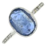 A sapphire and colourless gem ring.Sapphire calculated weight 1.50cts,