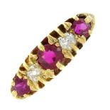 An early 20th century 18ct gold diamond and synthetic ruby five-stone ring.Estimated total diamond