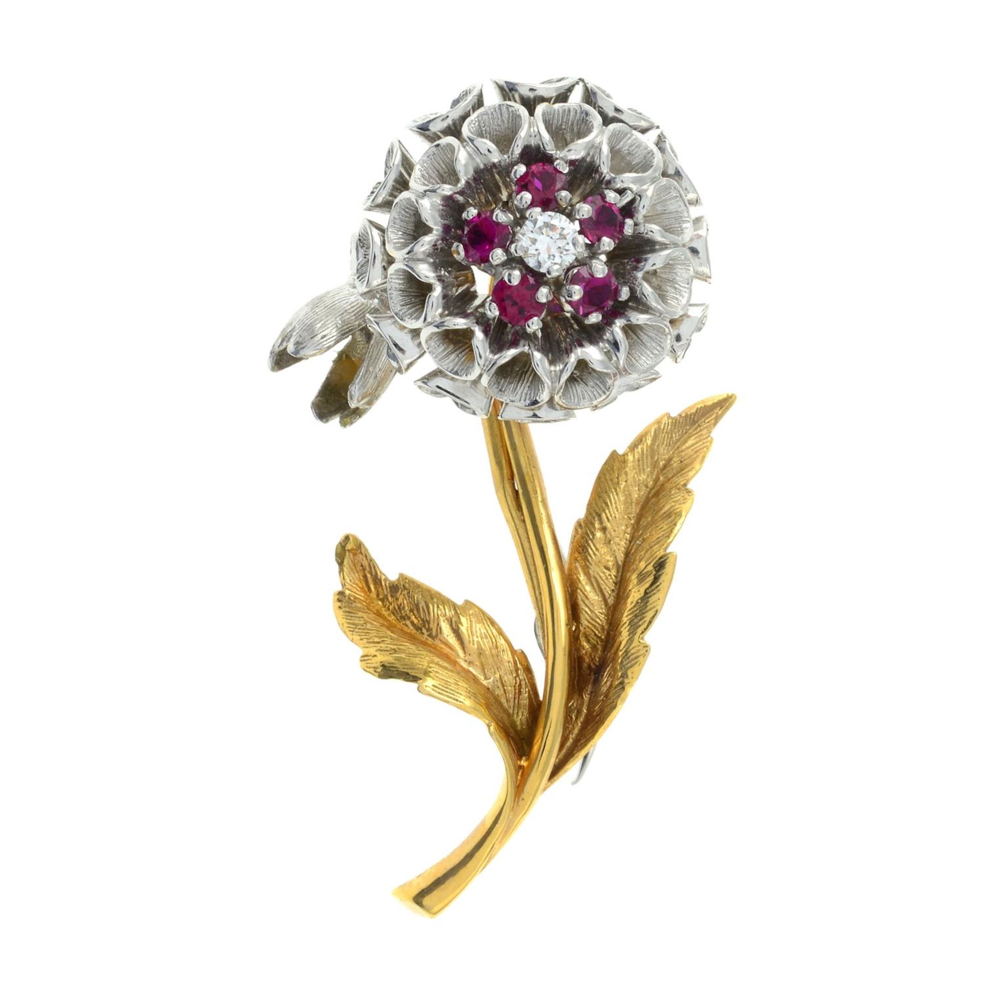 A ruby and diamond bi-colour floral brooch,