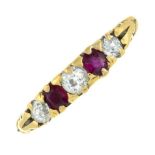 An 18ct gold ruby and diamond five-stone ring.Estimated total diamond weight 0.20ct,