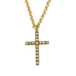 A split pearl cross pendant, with a 9ct gold belcher-link chain.Chain with hallmarks for 9ct gold.