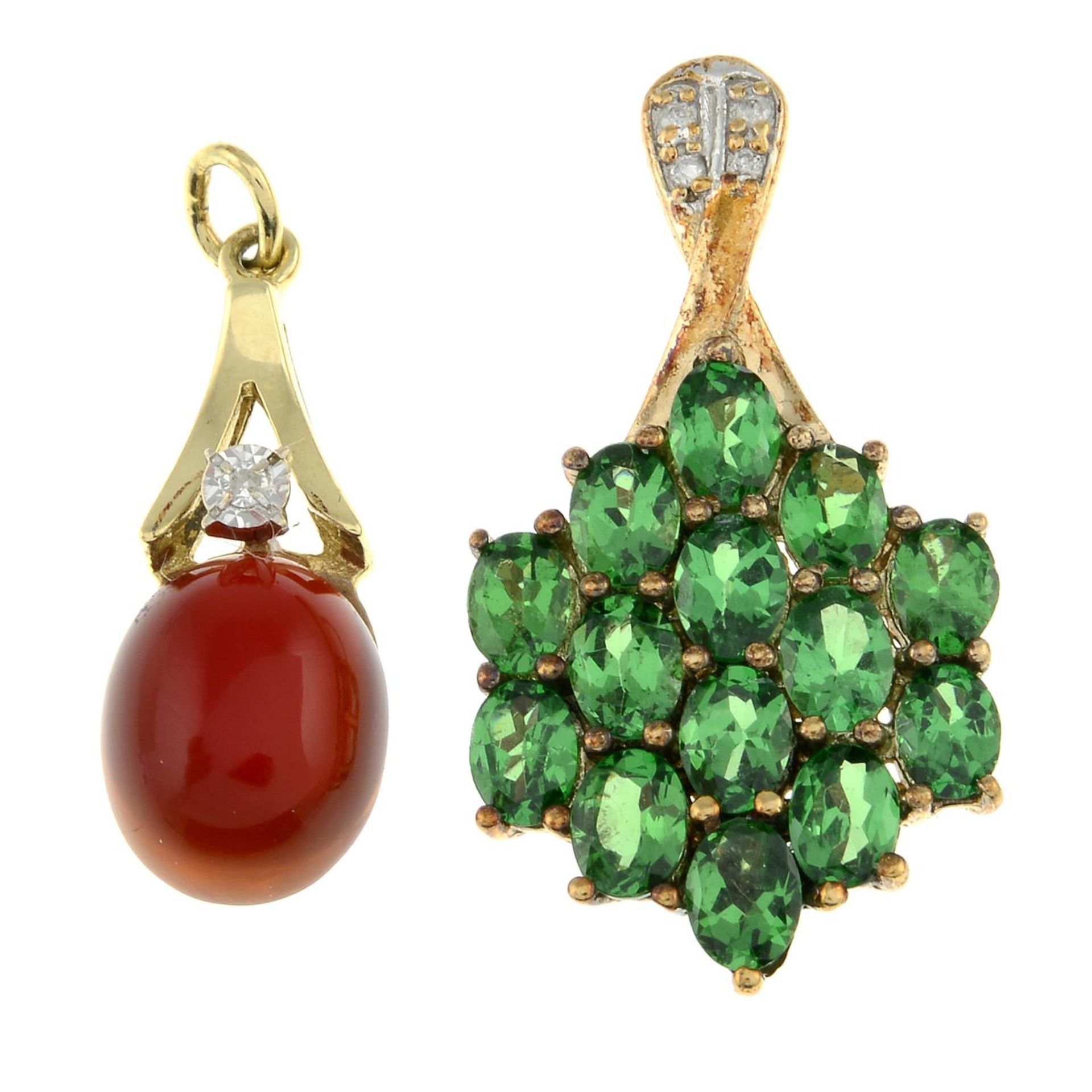 9ct gold green-gem and diamond pendant,