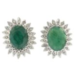A pair of emerald and single-cut diamond cluster earrings.Fittings for non-pierced ears.Total