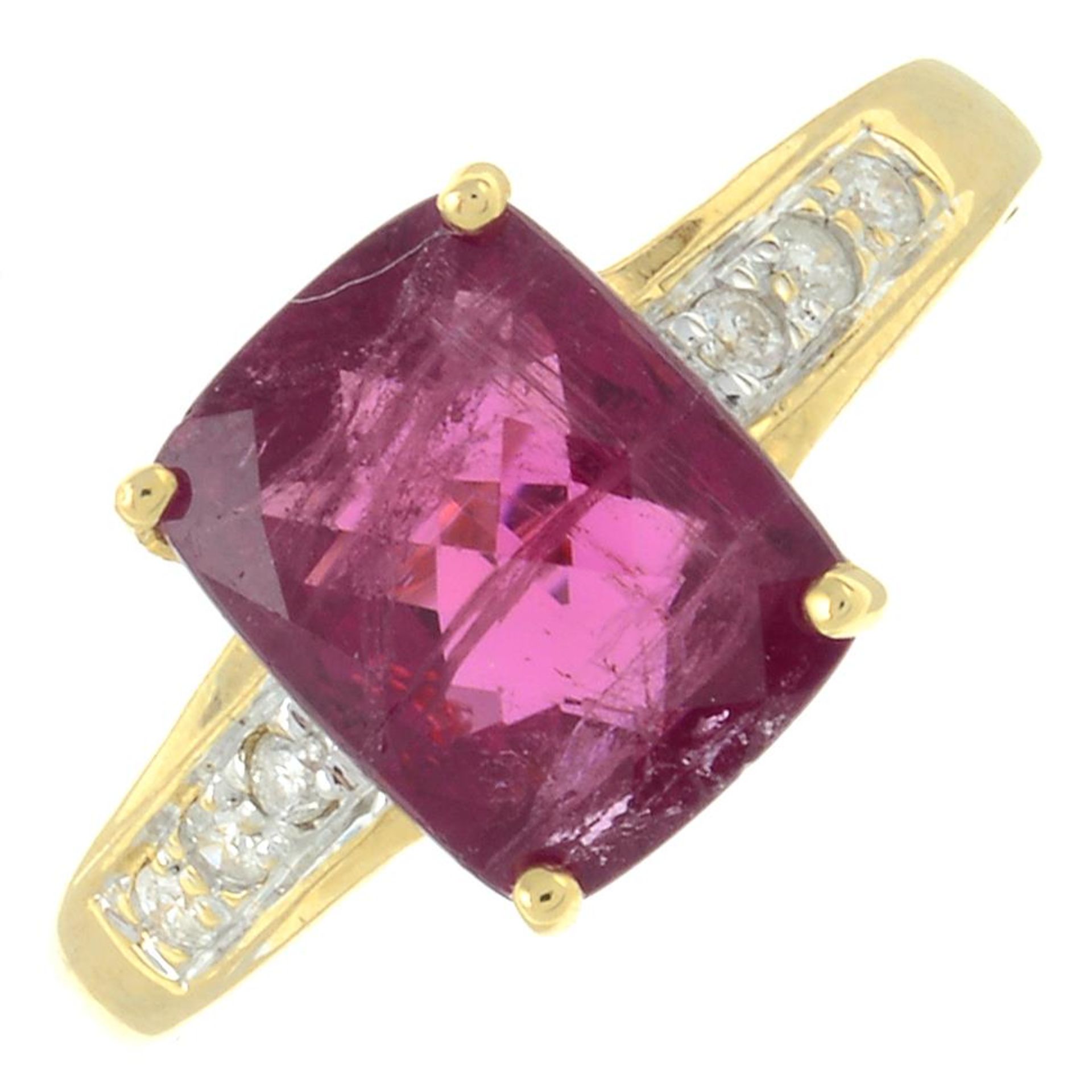 A 14ct gold pink tourmaline and diamond ring.Estimated total diamond weight 0.10ct.