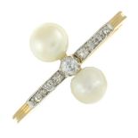 A pearl and diamond dress ring.Pearls measuring 5.2 and 4.8mms.
