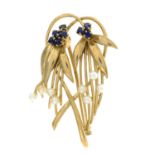 A 9ct gold sapphire and seed pearl foliate brooch,