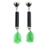 A pair of jade, onyx, diamond and black enamel drop earrings.Length 5.5cms.