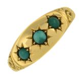 A late Victorian 18ct gold turquoise three-stone ring.Hallmarks for Chester, 1881.Ring size Q1/2.