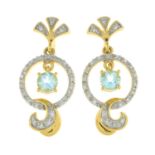 A pair of 18ct gold aquamarine and diamond earrings.Estimated total diamond weight 0.15ctHallmarks