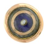 A late Georgian split pearl and blue enamel memorial ring, with hairwork surround.