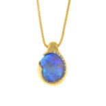 An opal cabochon and brilliant-cut diamond pendant,