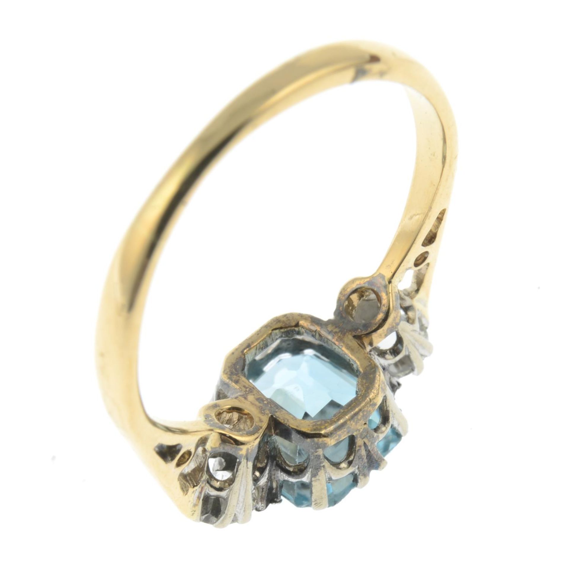 A mid 20th century 18ct gold blue zircon and old-cut diamond three-stone ring.Zircon calculated - Image 2 of 3