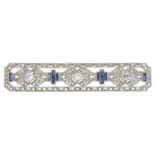 A old and rose-cut diamond and sapphire panel brooch.Estimated total old-cut diamond weight 0.30ct,