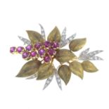 An 18ct gold ruby and single-cut diamond floral brooch,