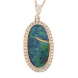 A boulder opal and brilliant-cut diamond cluster pendant,