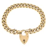 A late 19th century 15ct gold curb link bracelet with heart-shape padlock.Stamped 15ct.Length