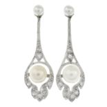 A pair of cultured pearl and single-cut diamond drop earrings.Fittings for non-pierced
