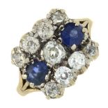 A late19th century gold sapphire and old-cut diamond dress ring.Estimated total diamond weight