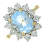 An aquamarine and brilliant-cut diamond cluster ring.Aquamarine calculated weight 2.42cts,