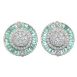 A pair of 18ct gold emerald and brilliant-cut diamond cluster earrings.Total emerald weight