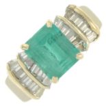 An emerald and baguette-cut diamond dress ring.Emerald calculated weight 1.60cts,