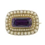 An early 20th century gold amethyst and split pearl brooch.Estimated amethyst dimensions of 12.9 by