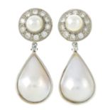 A pair of cultured pearl and old-cut diamond cluster earrings,