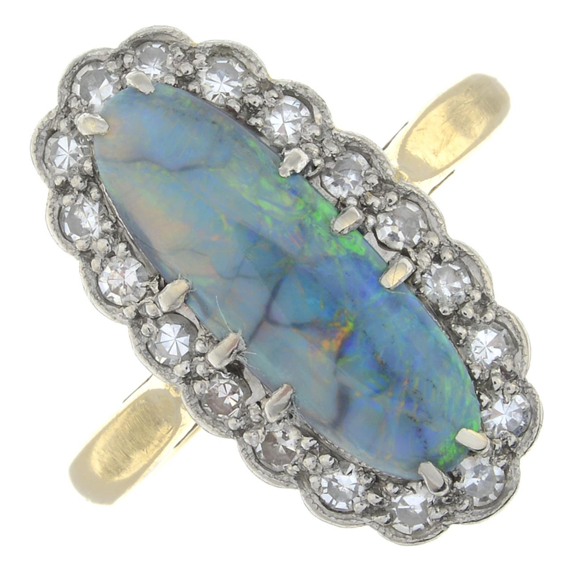 An early 20th century 18ct gold and platinum opal cabochon and single-cut diamond cluster ring.