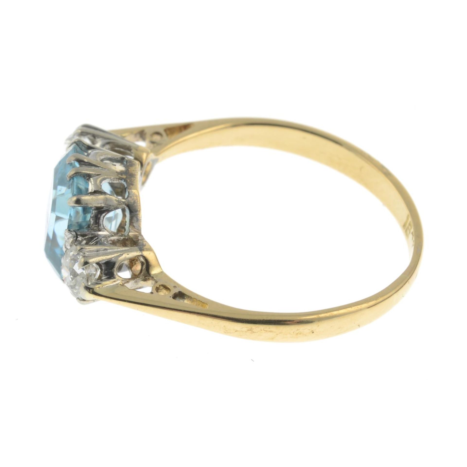 A mid 20th century 18ct gold blue zircon and old-cut diamond three-stone ring.Zircon calculated - Image 3 of 3