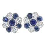 A pair of 18ct gold sapphire and brilliant-cut diamond cluster earrings.Total sapphire weight