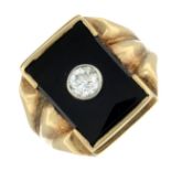 An onyx and brilliant-cut diamond signet ring.Estimated diamond weight 0.30ct,