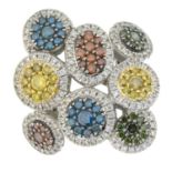 A diamond and colour-treated vari-hue diamond cluster ring.Estimated total diamond weight