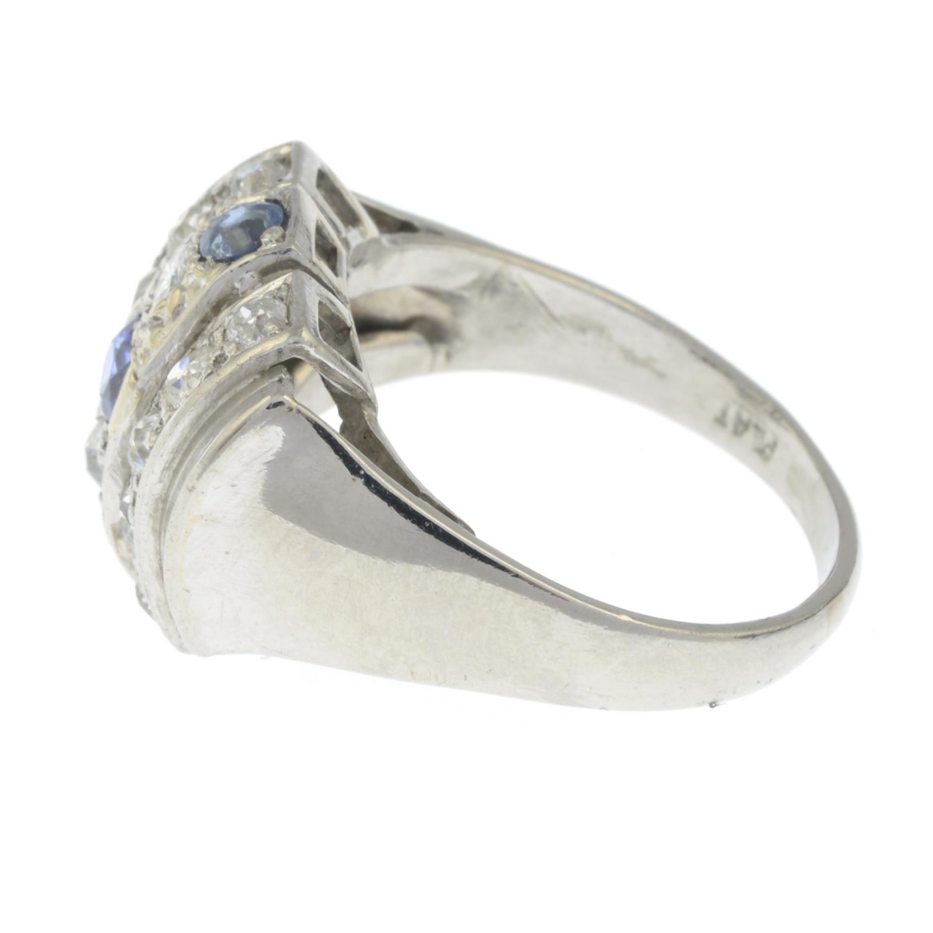 A sapphire and old-cut diamond dress ring.Estimated total diamond weight 0.65ct.Stamped PLAT.Ring - Image 3 of 3