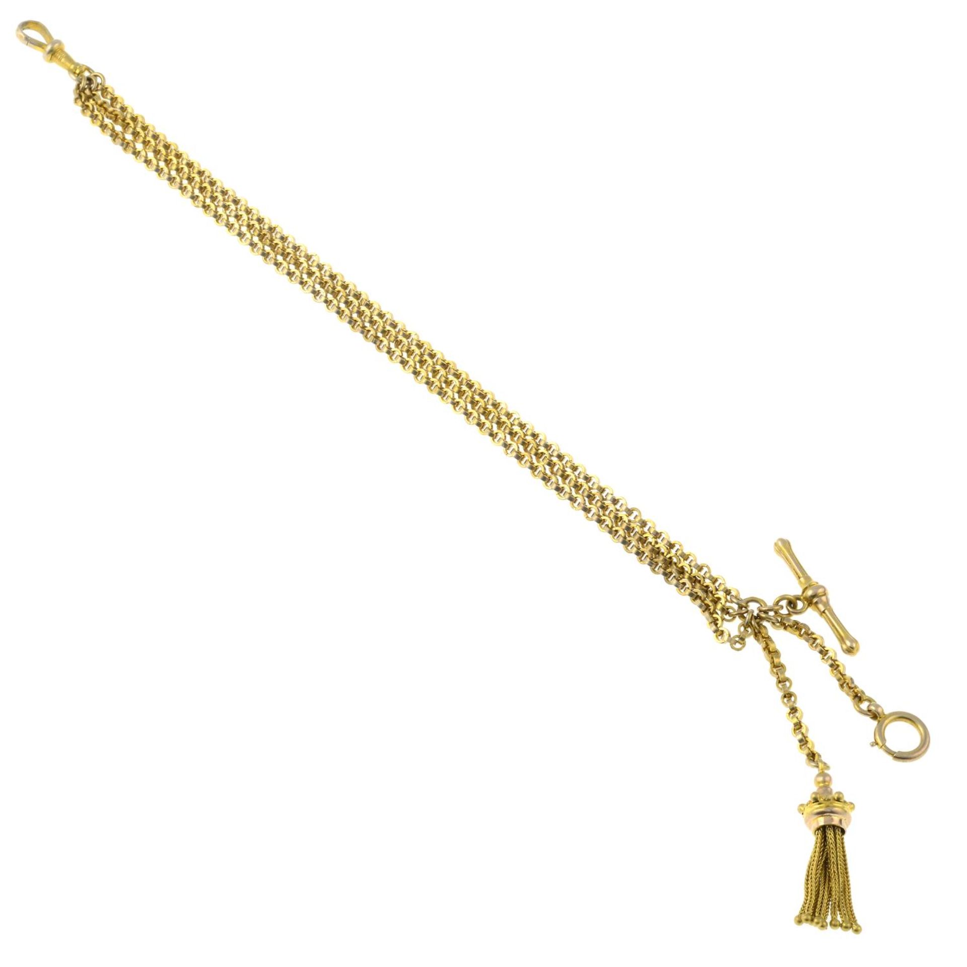 A late 19th century gold Albertina chain, suspending a T-bar and tassel drop.Length 25cms. - Bild 2 aus 3