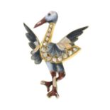 An early 20th century 18ct gold vari-hue enamel and rose-cut diamond bird brooch.Stamped 750.Length