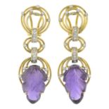 A pair of brilliant-cut diamond and carved amethyst fancy drop earrings.
