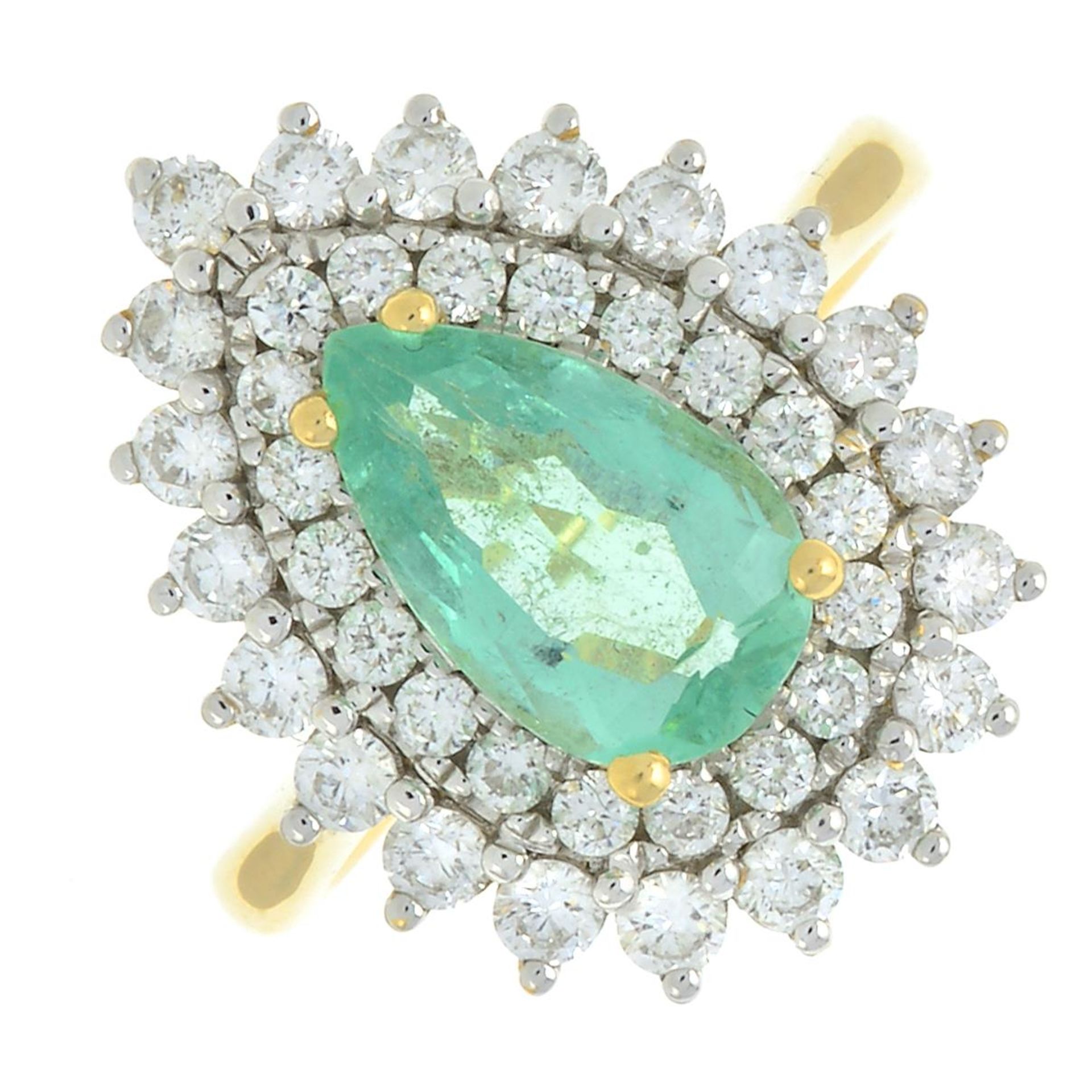 An 18ct gold emerald and brilliant-cut diamond pear-shape cluster ring.Emerald calculated weight