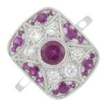 An 18ct gold ruby and and brilliant-cut dress ring.Total diamond weight 0.29ct,