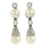A pair of cultured pearl and vari-cut diamond drop earrings.
